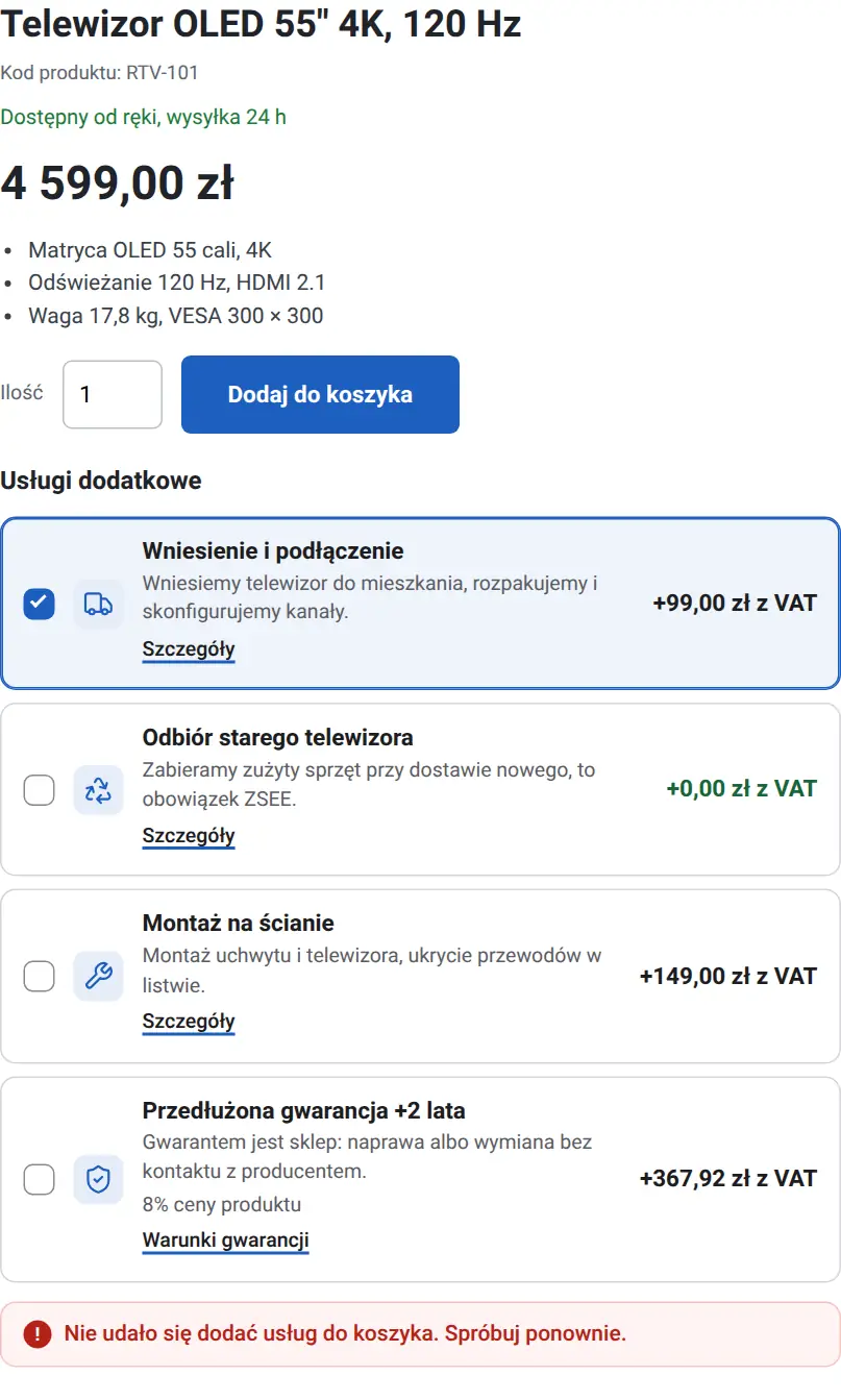 Komunikat o błędzie dodania usługi do koszyka
