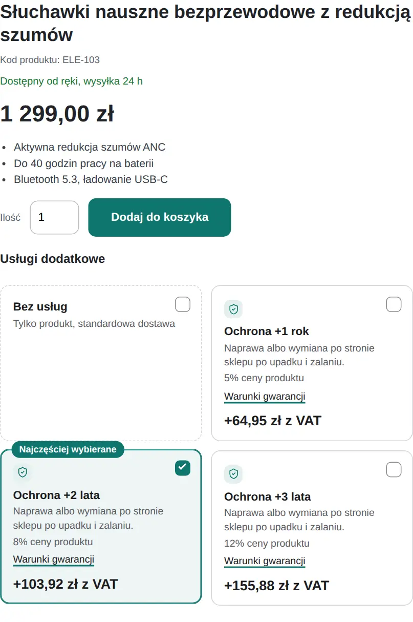 Karta słuchawek w sklepie z elektroniką i trzema planami ochrony