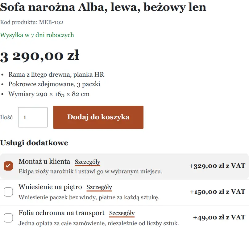 Karta sofy w sklepie meblowym z usługą montażu