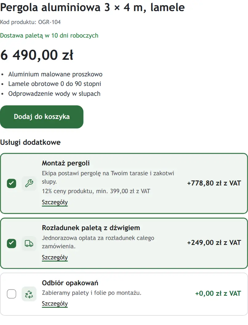 Karta pergoli w sklepie ogrodowym z montażem i rozładunkiem