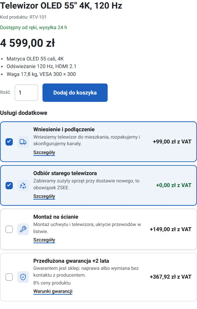 Karta telewizora w sklepie RTV z wniesieniem i odbiorem starego sprzętu
