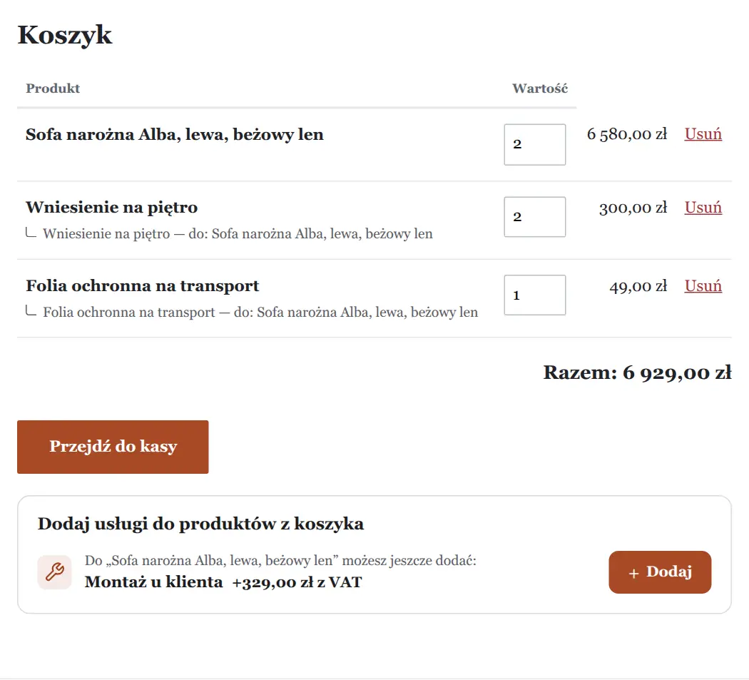 Koszyk z dwiema sofami: wniesienie za dwie sztuki i folia raz