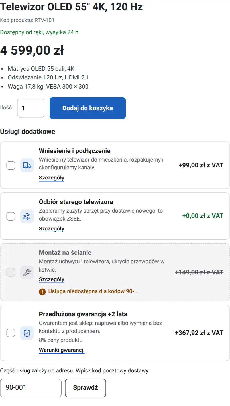 Usługa niedostępna dla kodu pocztowego klienta, z wyjaśnieniem pod kafelkiem