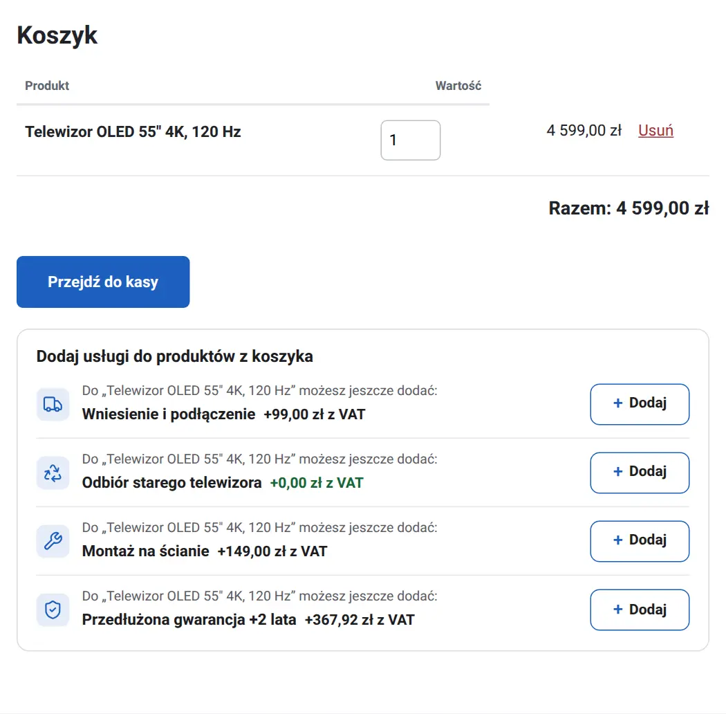 Koszyk z propozycją usługi Montaż na ścianie do telewizora