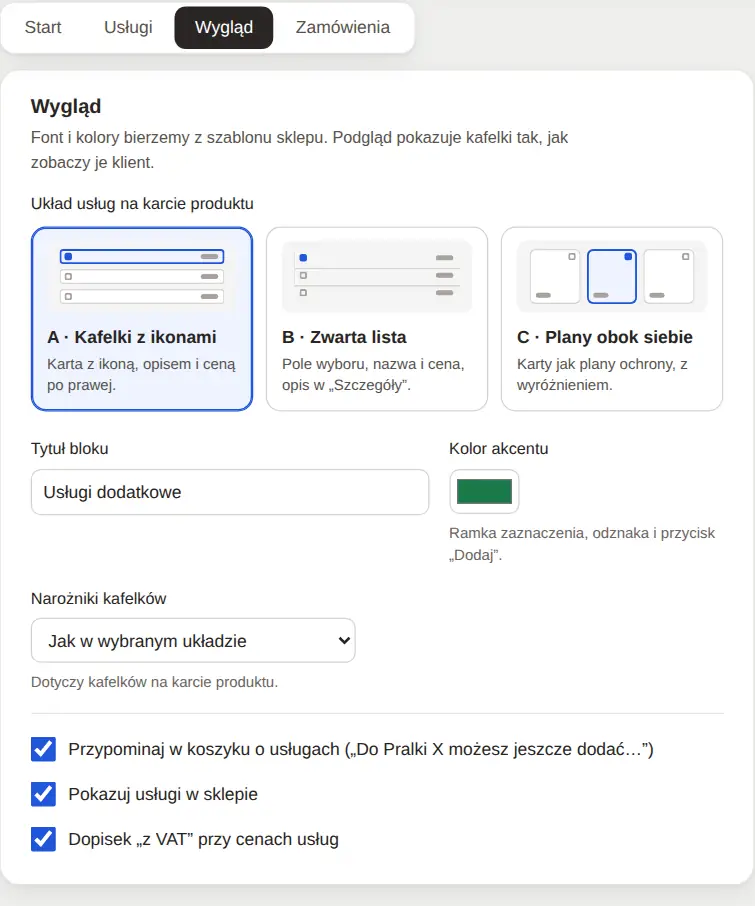 Panel GrowCare, zakładka: Wygląd: układ i podgląd na żywo