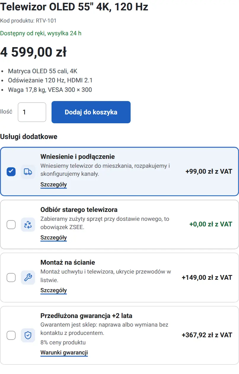 Karta produktu z kafelkami usług w układzie A: wniesienie zaznaczone