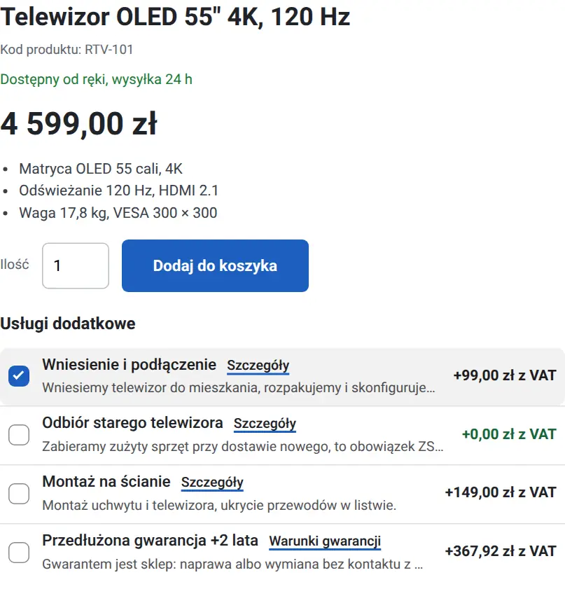 Karta produktu z listą usług w układzie B