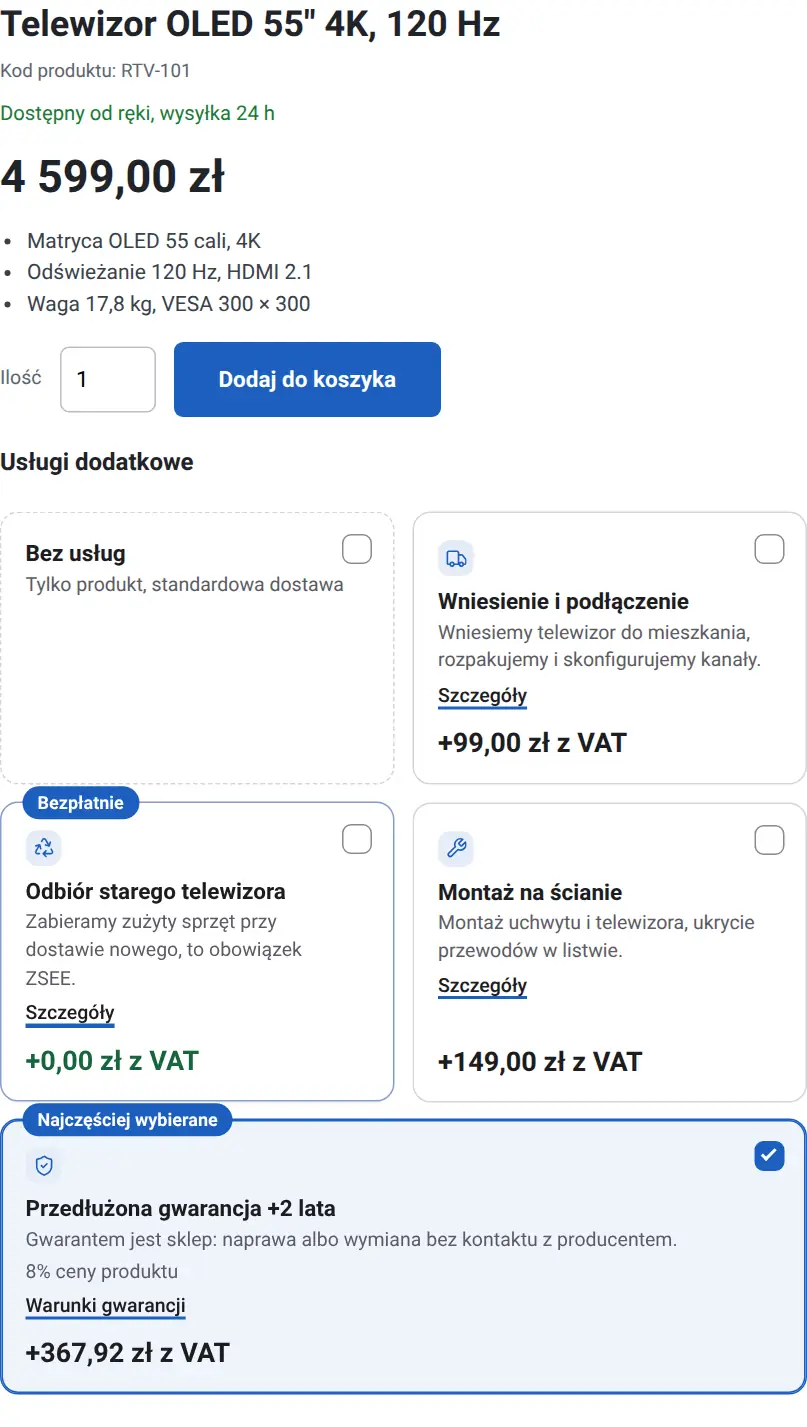Karta produktu z planami usług w układzie C: gwarancja zaznaczona